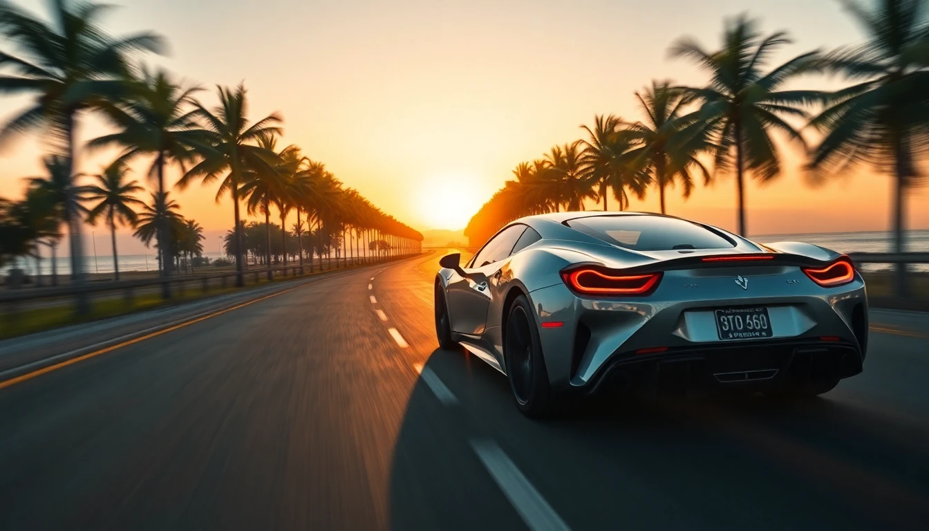 Luxury car driving on a scenic Florida highway at sunset