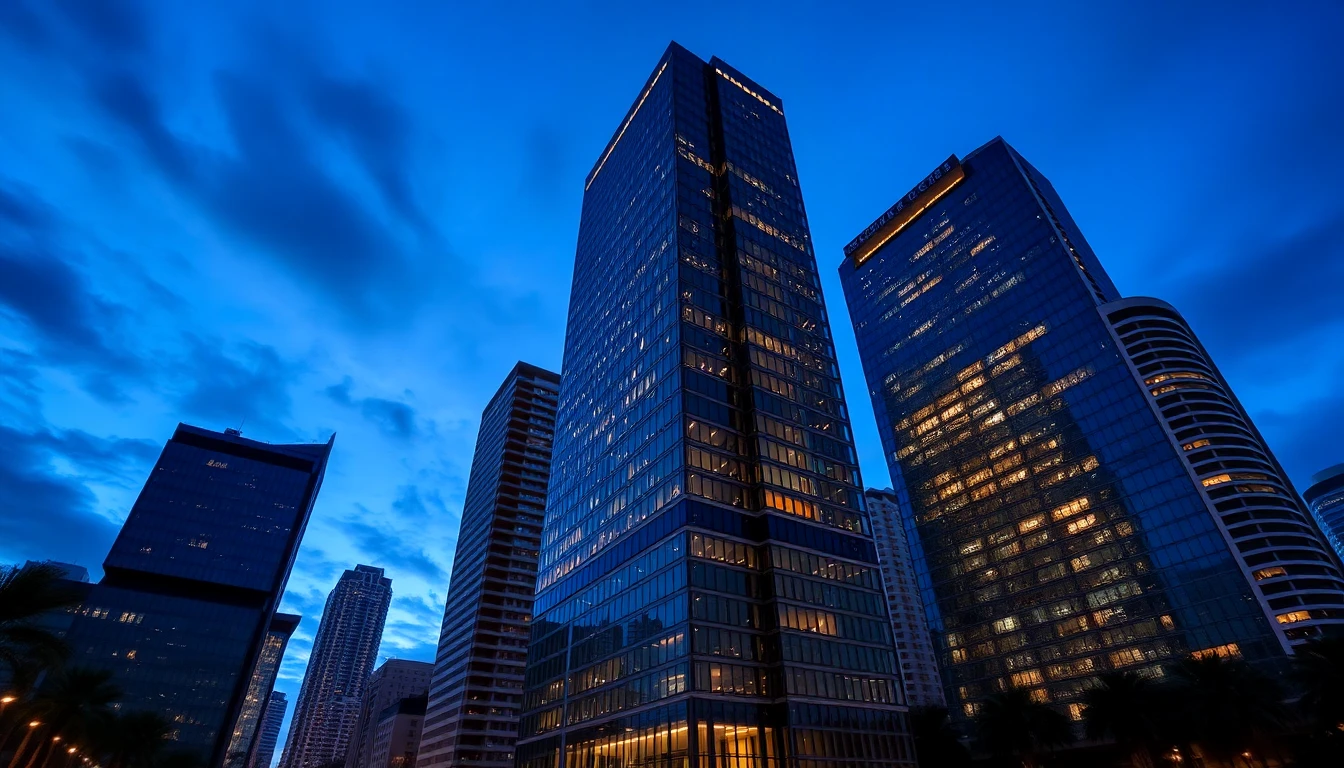 Modern Florida skyline with glass skyscrapers at sunset